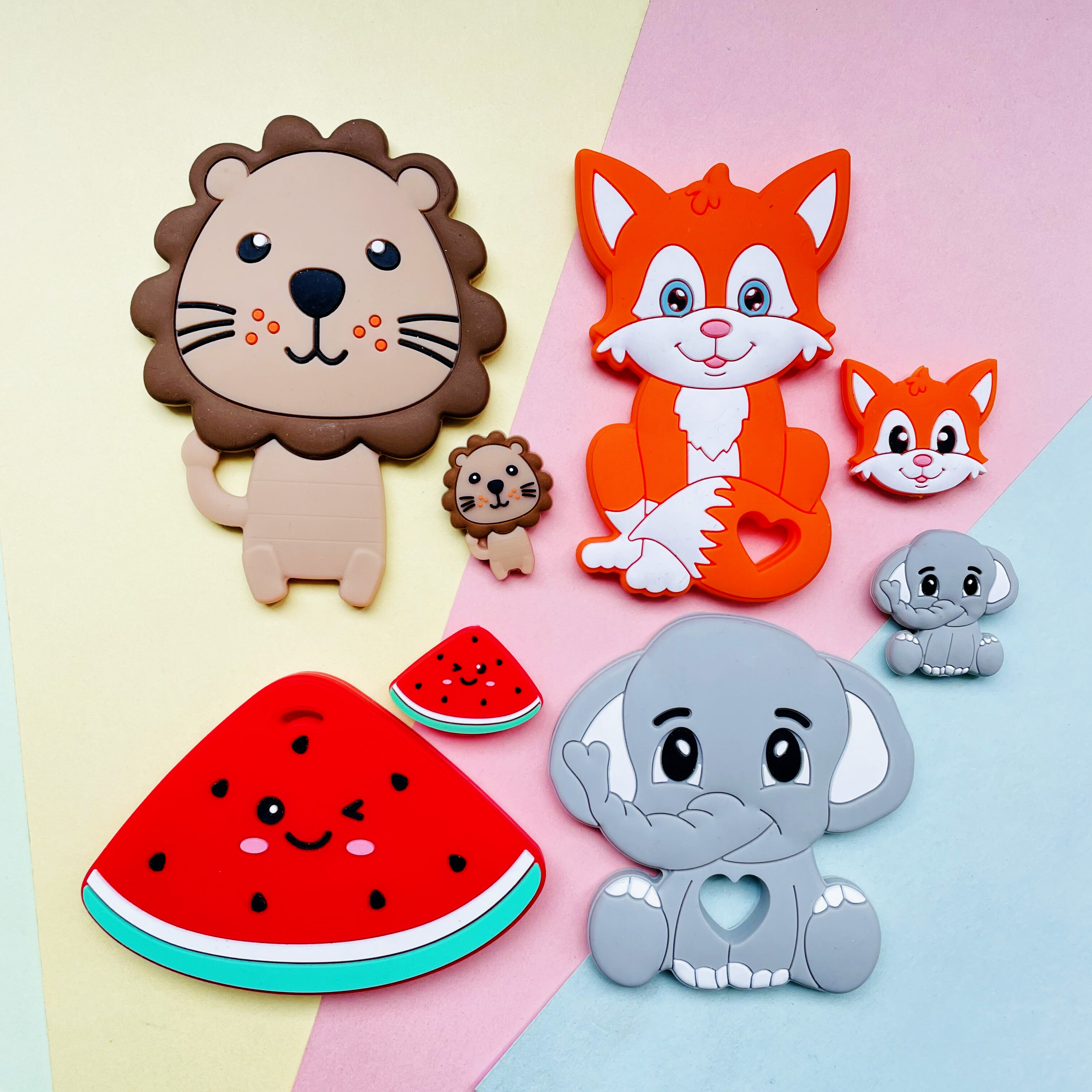 Baby Rattle Toy Set - 2pcs/Set Mini Silicone Elephant Lion Cat